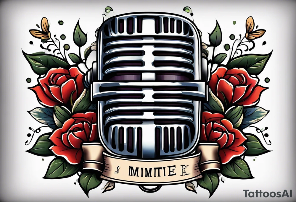 traditional vintage tattoo of mouth singing in microphone simple  flowers and banner
no face tattoo idea