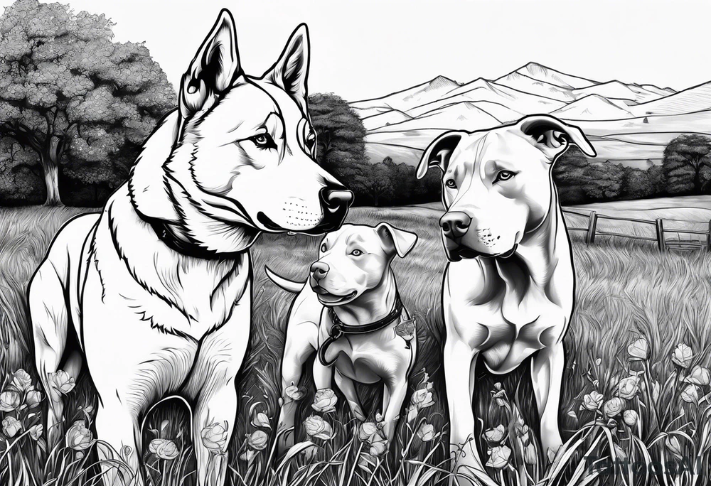 husky and pitbull looking at cows in cow pasture tattoo idea