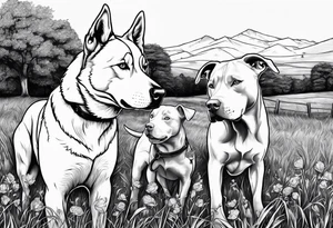 husky and pitbull looking at cows in cow pasture tattoo idea