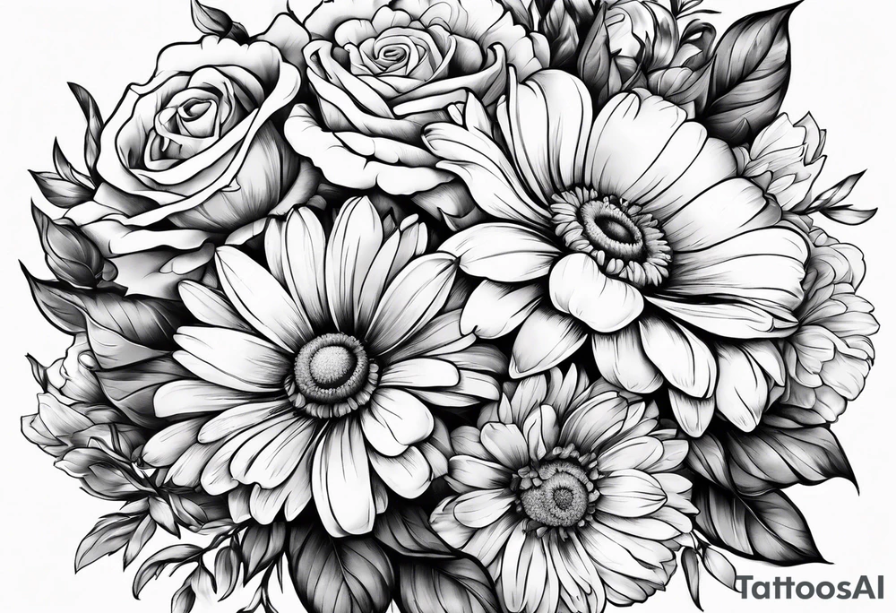 Boquet of daisys and roses with a flame surrounding them tattoo idea