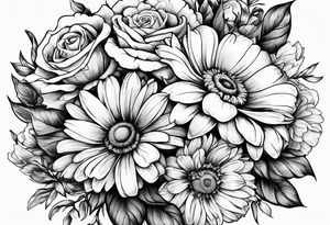 Boquet of daisys and roses with a flame surrounding them tattoo idea