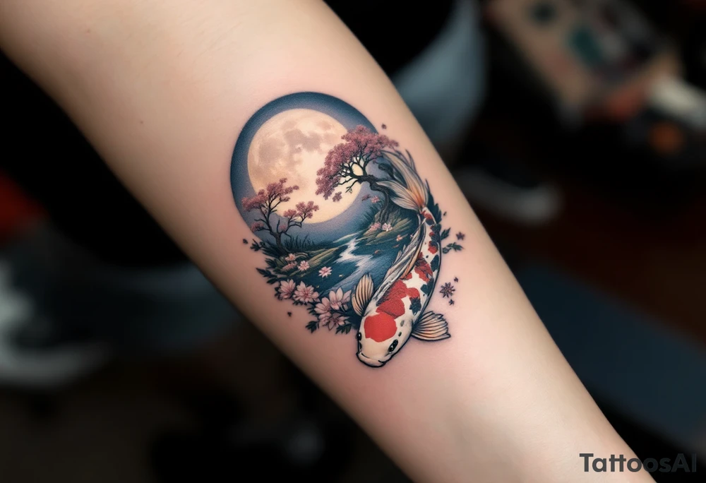 a koi fish swimming upstream in a pond moonlight by the full moon with a sakura tree by the pond tattoo idea