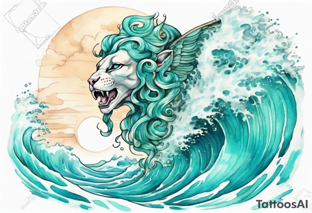 a beautiful turquoise sphinx emerging from an ocean wave, crashing onto the shore tattoo idea