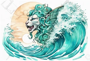 a beautiful turquoise sphinx emerging from an ocean wave, crashing onto the shore tattoo idea