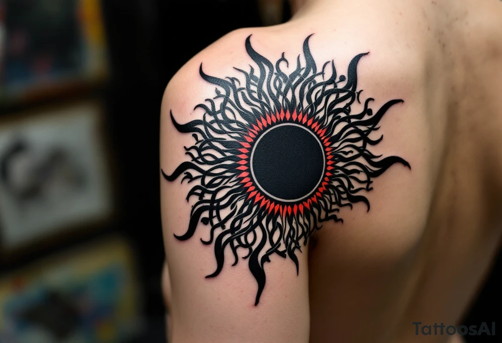 A bold black Celtic sun tattoo with red accents radiates tribal power across the upper shoulder. tattoo idea