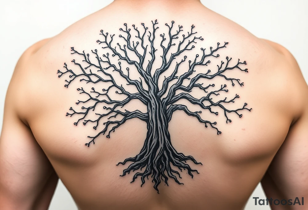 mystical tree of life with cosmic roots and celestial branches tattoo idea