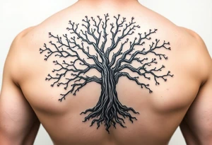 mystical tree of life with cosmic roots and celestial branches tattoo idea
