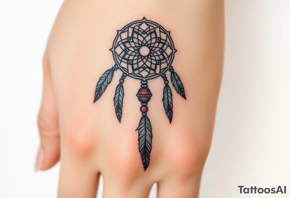 native dreamcatcher with flowing feathers and sacred beads tattoo idea