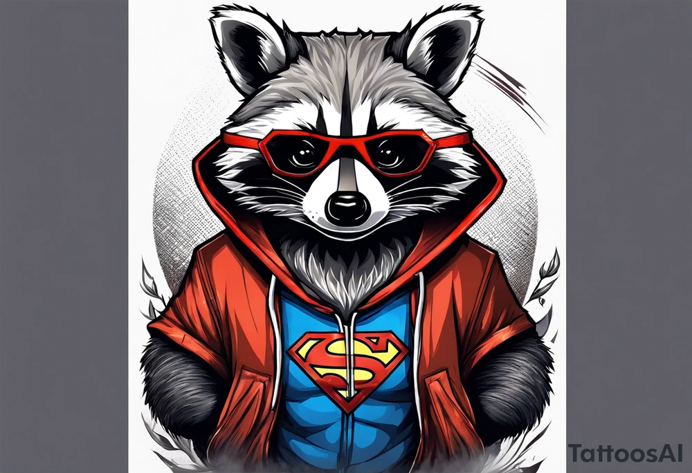 raccoon wearing a Superman hoodie tattoo idea