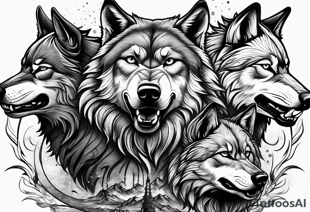a pack muscular of wolves running together tattoo idea