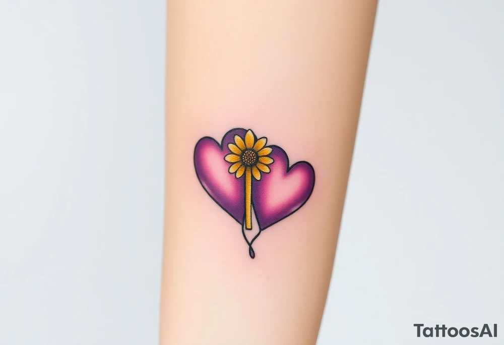 simple with Purple Hearts with yellow daisy with cross tattoo idea
