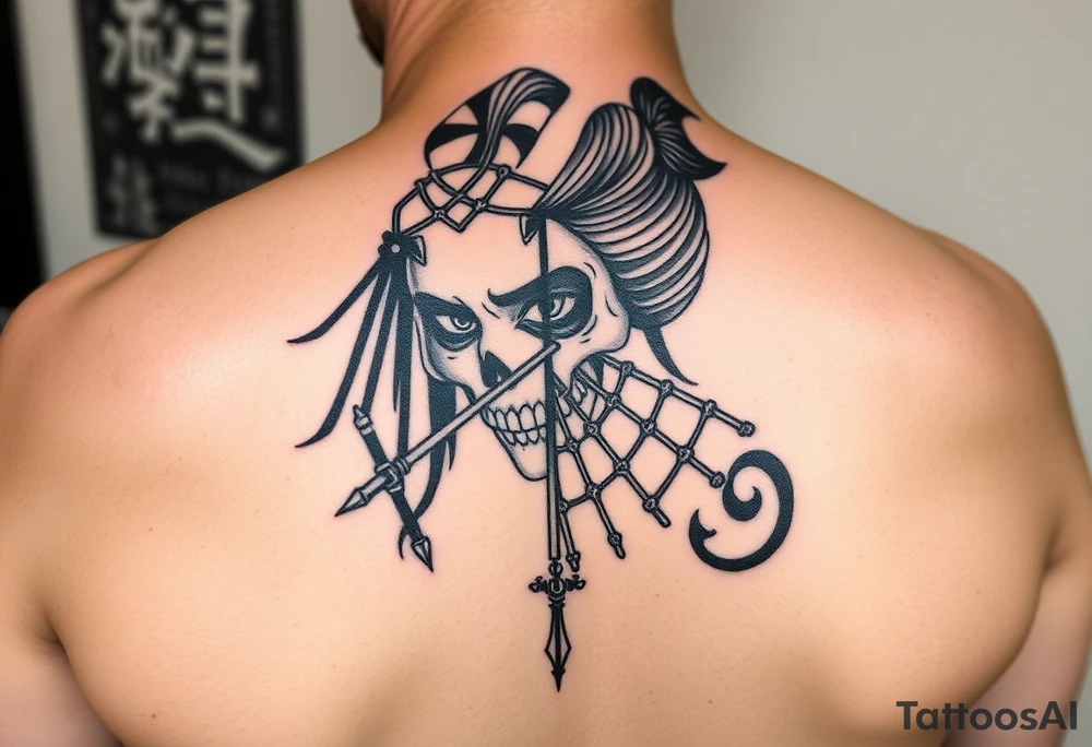 Samurai beauty  girl half face and half skeleton with a fan across her face tattoo idea
