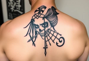 Samurai beauty  girl half face and half skeleton with a fan across her face tattoo idea