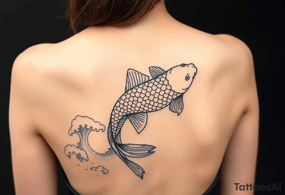 traditional koi fish swimming upstream through turbulent waves tattoo idea