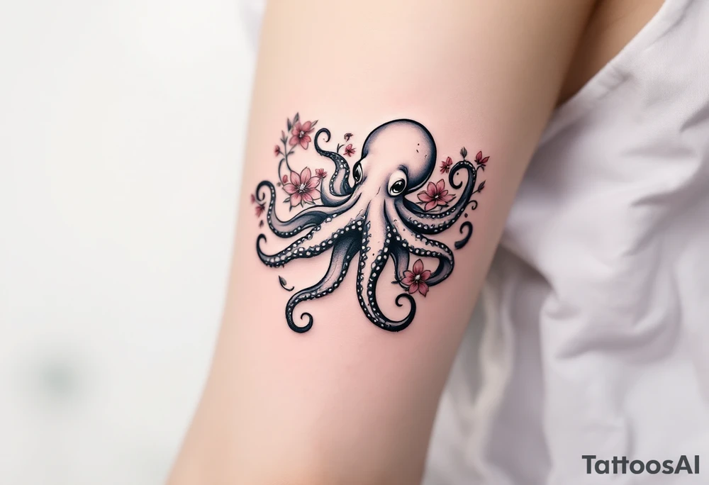 A small realistic black and grey tattoo of an octopus, cute, with detailed shading and soft linework, showing the octopus with swirling tentacles, on light skin. ornamental flowers around with red ink. The style is minimalistic and elegant, resembling fine-line tattoo with a shadow tattoo idea