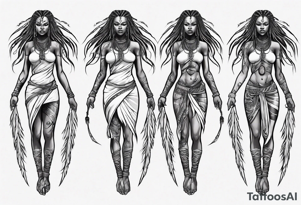 African female valkyre full body angelic
slim face long braided hair tattoo idea