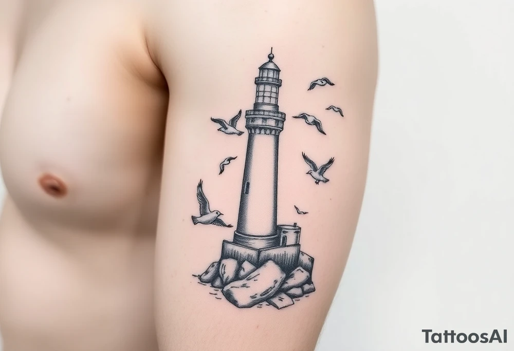 Baltic Sea tattoo with lighthouse surrounded by seagulls tattoo idea