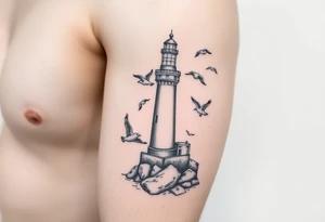 Baltic Sea tattoo with lighthouse surrounded by seagulls tattoo idea