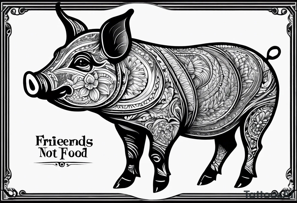 cute pig or piglet.
with text: "friends not food" 

only very thin lines. no shading. black and white only. simple outline tattoo idea