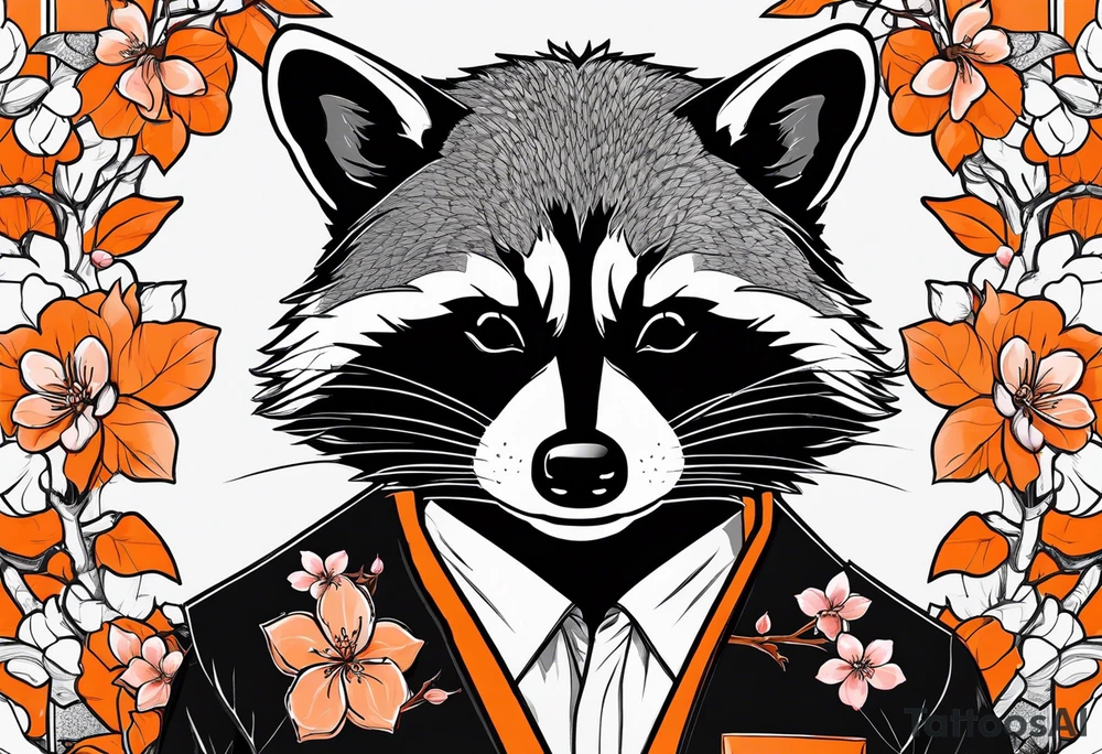 Raccoon wearing a white Superman logo on a black hoodie and orange Japanese cherry blossoms beside tattoo idea