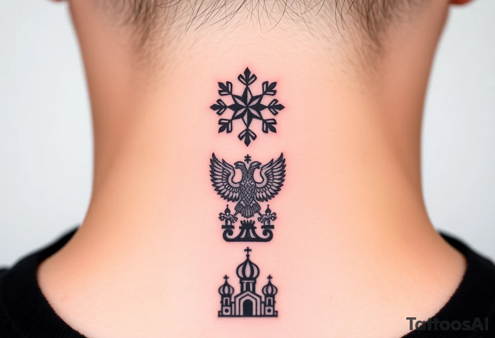 Stacked Vertical Column 

Russian star — small, bold
Middle: Miniature double-headed eagle — simplified, cleaner lines to suit the smaller space
Bottom: Orthodox church dome(s) with a small Virgin Mary silhouette beneath tattoo idea