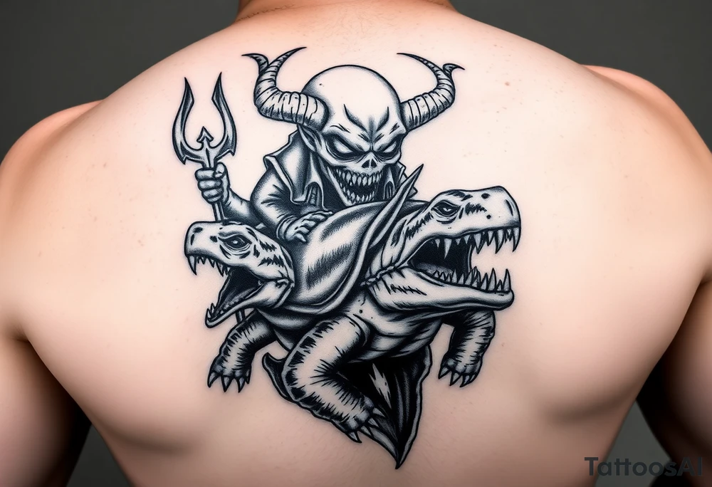 An insane human with alien eyes and the devils trident riding a turtle who has a giant open mouth and long teeth with ram tattoo idea