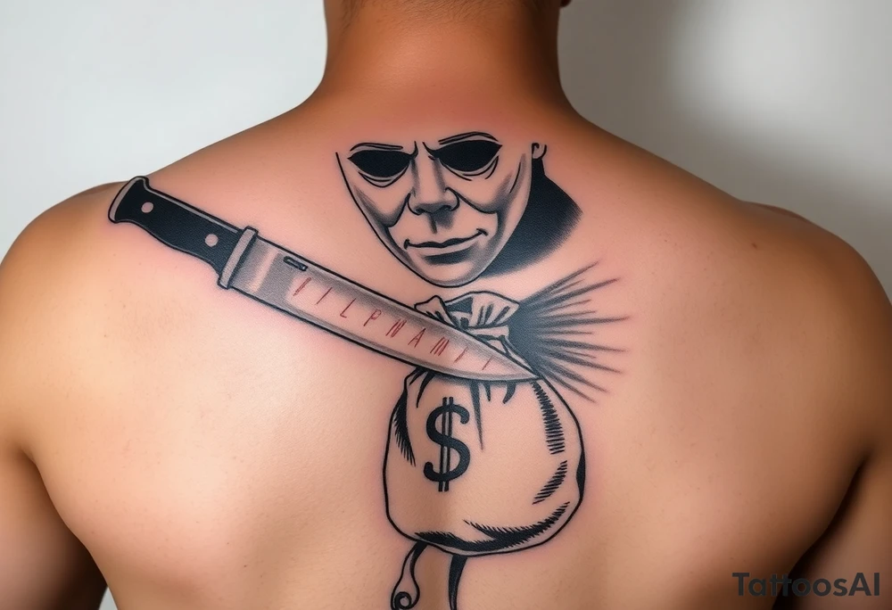 Scary Micheal Myers with a bloody knife with a extended magazine and money bag full of money tattoo idea