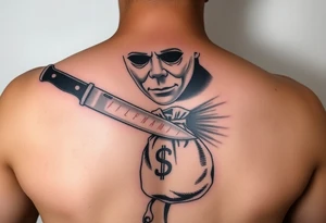 Scary Micheal Myers with a bloody knife with a extended magazine and money bag full of money tattoo idea