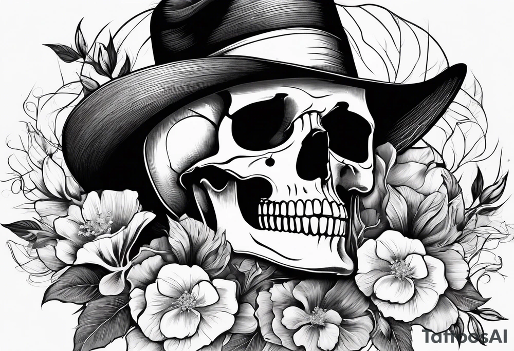 a male and female skeleton with bibiscus flowers. western style tattoo idea