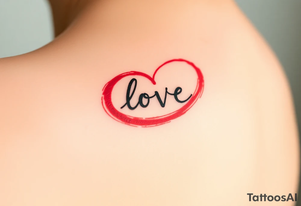 An artistic brushstroke infinity symbol in bold red and black ink, with "love" appearing as part of the flowing brushwork tattoo idea