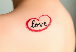 An artistic brushstroke infinity symbol in bold red and black ink, with "love" appearing as part of the flowing brushwork tattoo idea