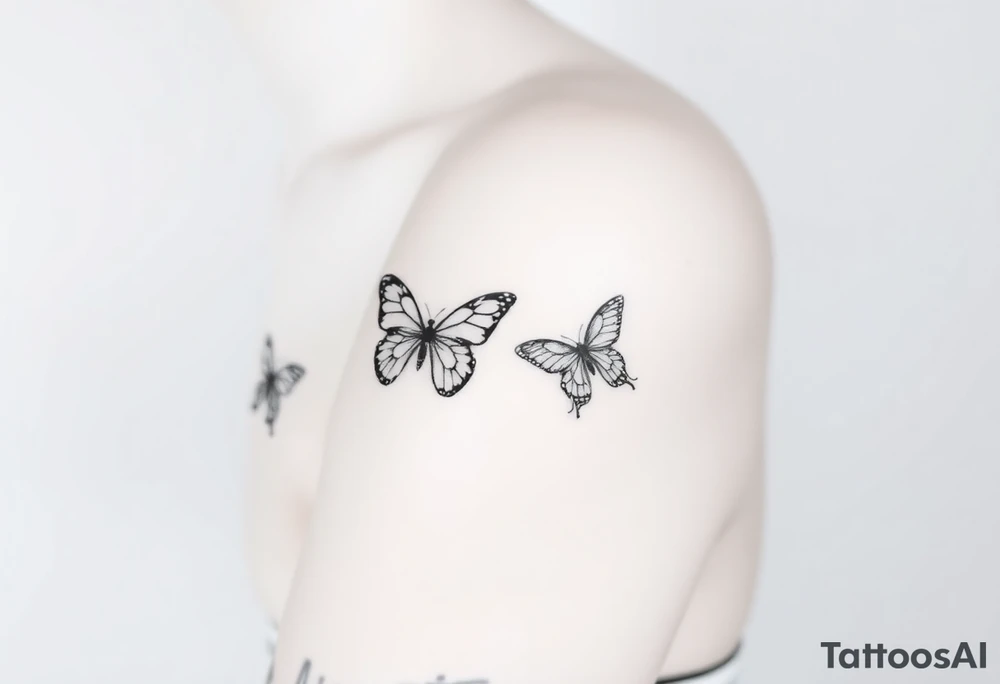 Show me an upper arm/shoulder/shoulder blade tattoo design with a birth flower for July, July, January, September, and 3 butterflies, and a raven and an eagle tattoo idea