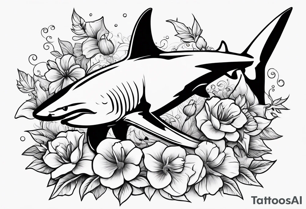 Hammerhead shark with flowers tattoo idea