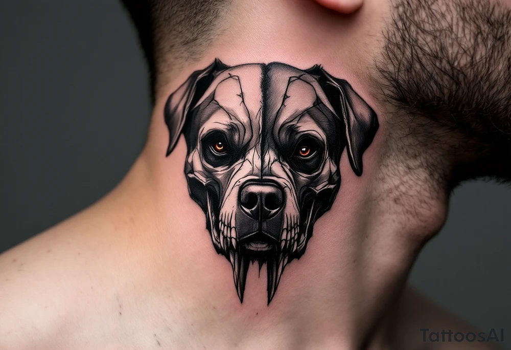 Rottweiler Skull Fusion – A half-rottweiler, half-skull design, blending realism with dark symbolism. Monochrome with light shading to define the bone structure. tattoo idea