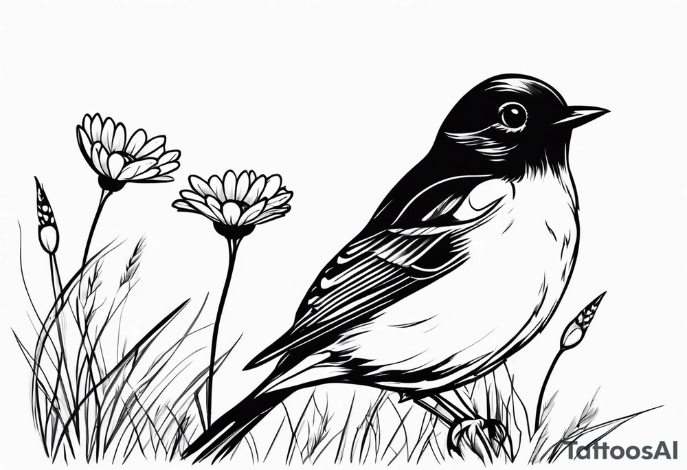 Little bird out perched on a field of grass and daisys tattoo idea