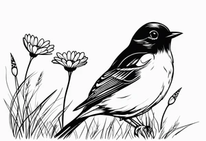 Little bird out perched on a field of grass and daisys tattoo idea