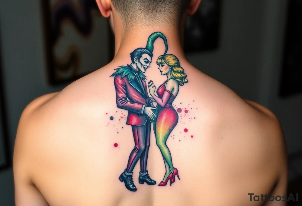 a toxic jester couple holding each other tattoo idea