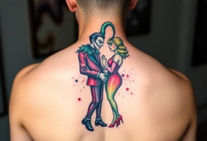 a toxic jester couple holding each other tattoo idea