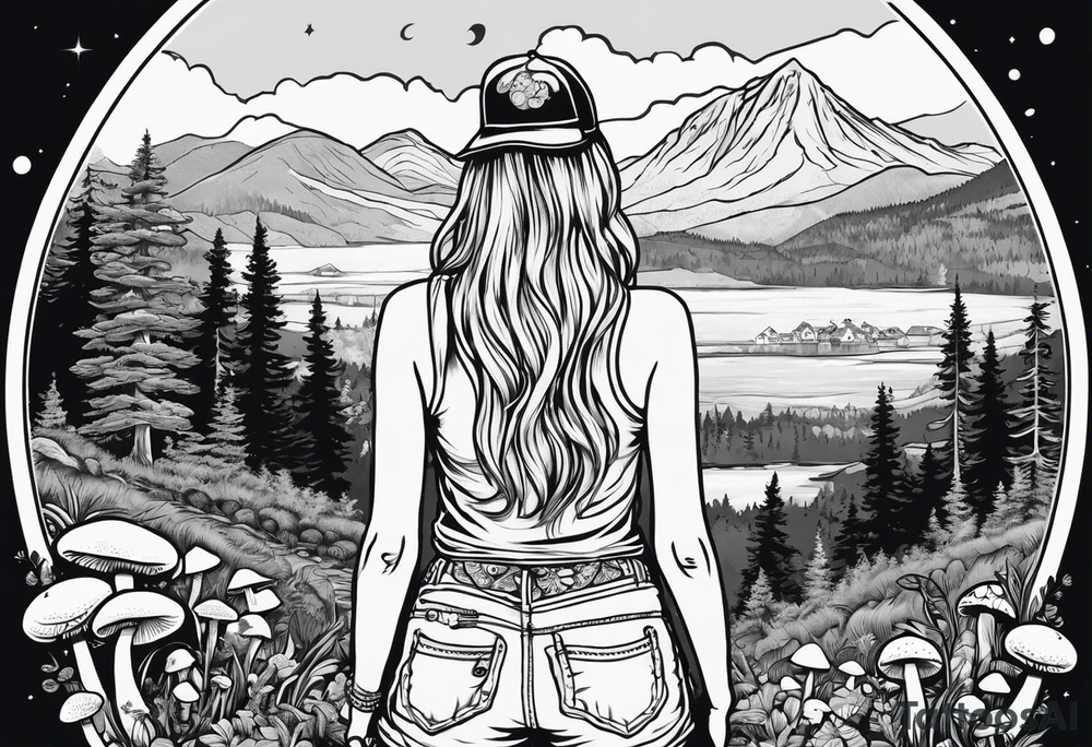 Whole picture encircled fully

Straight long blonde hair hippie girl in distance holding mushrooms in hand facing away toward mountains and creek surrounded by mushrooms tee shirt and hiking pants; whole rendering within a full circle, no cut off circle tattoo idea
