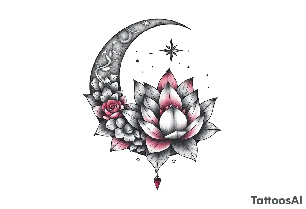 crescent floral moon with lotus flower and celestial tattoo idea