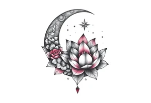 crescent floral moon with lotus flower and celestial tattoo idea