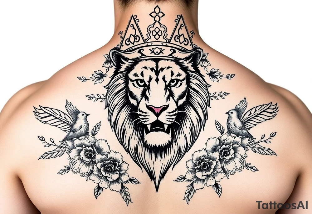 powerful majestic lion with a crown, surrounded by floral ornaments and birds tattoo idea