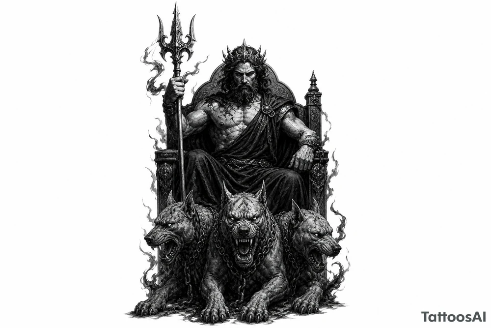 Hades with Cerberus in a dark, mythological style. tattoo idea