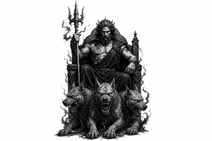 Hades with Cerberus in a dark, mythological style. tattoo idea