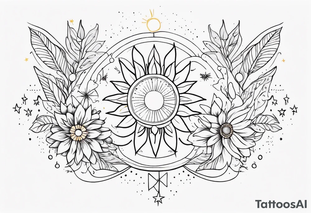 fine line with sun, stars, floral, dots. Sternum tattoo tattoo idea