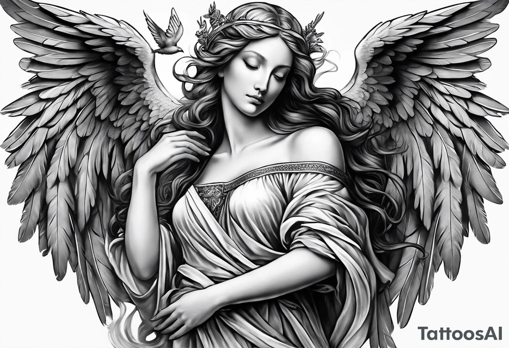 Angel with a Dove and Leonaro Da vinci Sleeve tattoo idea