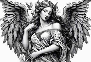 Angel with a Dove and Leonaro Da vinci Sleeve tattoo idea