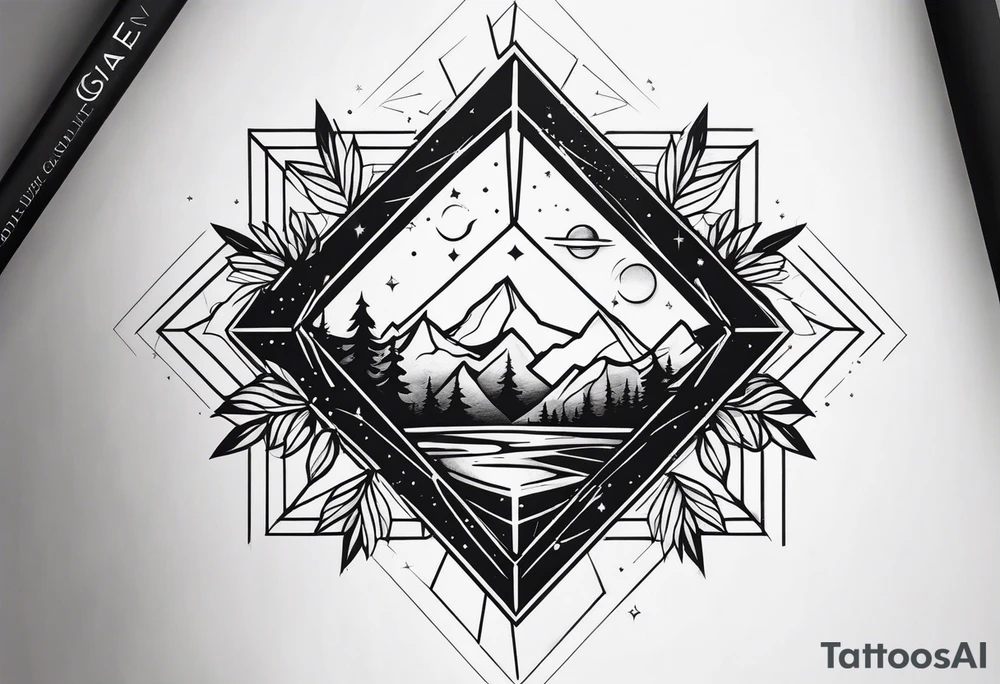 thick line art of space and nature in diamond shape tattoo idea