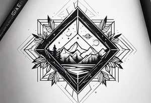 thick line art of space and nature in diamond shape tattoo idea