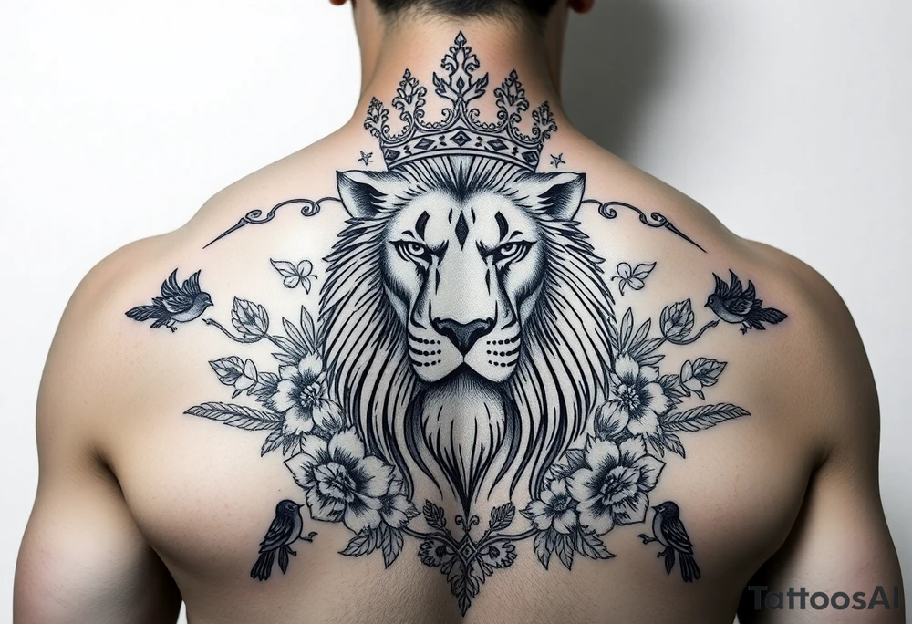 powerful majestic lion with a crown, surrounded by floral ornaments and birds tattoo idea